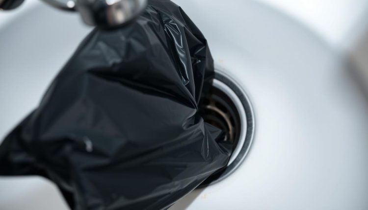 Como posso desentupir um vaso com um saco de lixo?