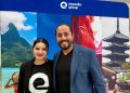 Alexandre Rodrigues com Cassiana Siqueira, da Expedia, no coquetel da Expedia que aconteceu no Lagune Barra Hotel